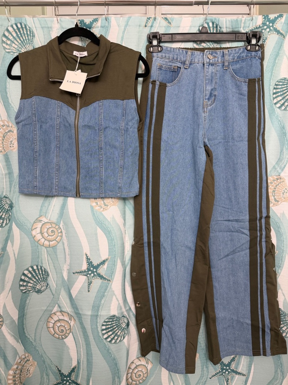 LA DIOSA Two-Tone Denim Vest & Stripe Panel Jeans Set - Olive & Light Blue